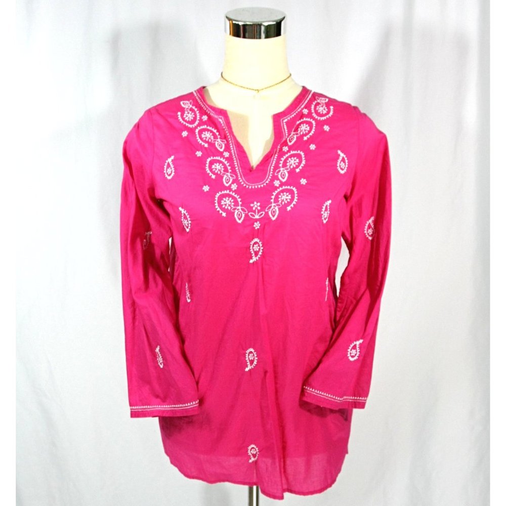 Lands End Kids Bohemian Paisley Embroidered Long Sleeve Top Tunic Kurta Pink - M